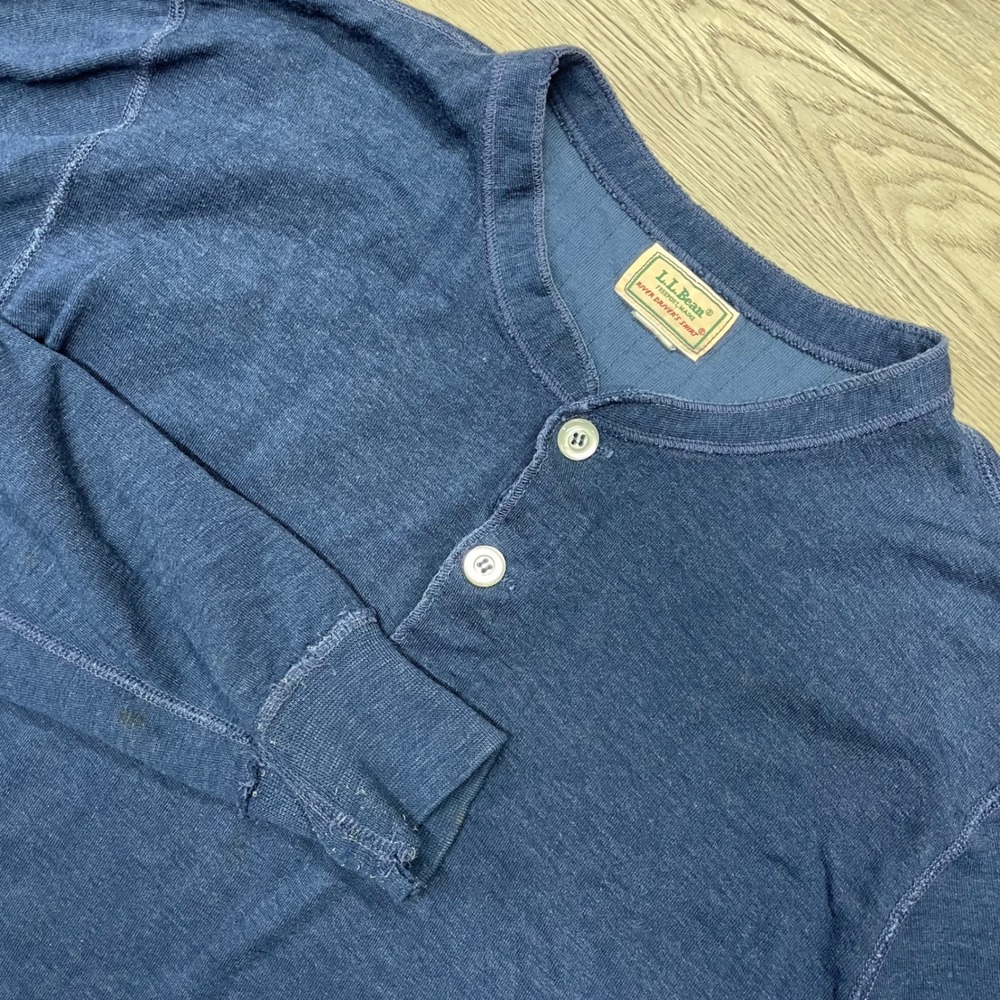 LL Bean River Drivers Shirt Men Large Blue Henley Long Sleeve Vintage Style FAIR